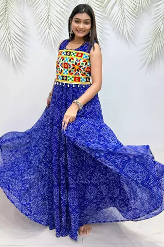 Blue georgette readymade navratri anarkali suit with bandhej & mirror work