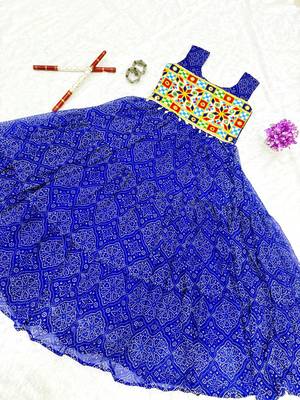 Blue georgette readymade navratri anarkali suit with bandhej & mirror work 4