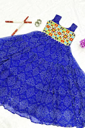 Blue georgette readymade navratri anarkali suit with bandhej & mirror work