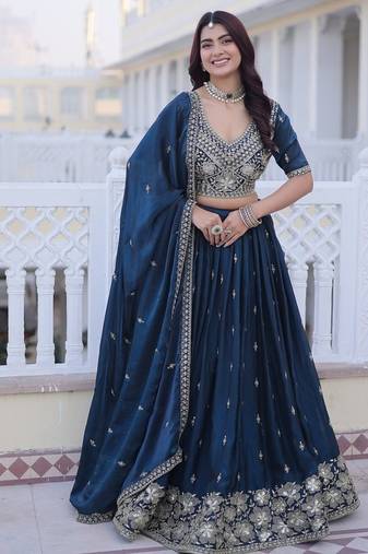 Designer Fendy Silk Lehenga Choli with Pipe Beads & Zari Embroidery Dupatta Set For Women