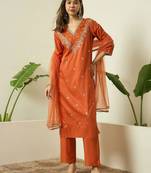 Rust embroidered silk blend kurta pant dupatta set
