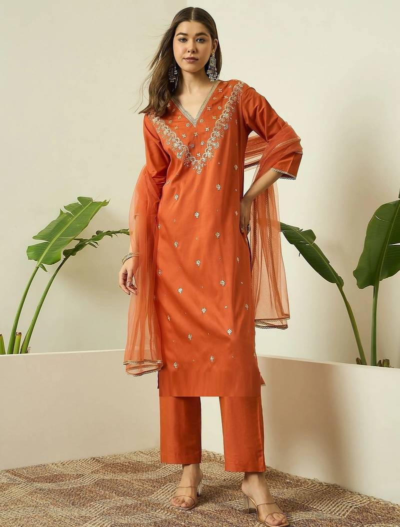 Rust embroidered silk blend kurta pant dupatta set