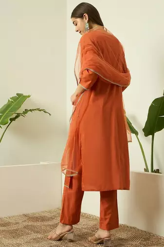 Rust embroidered silk blend kurta pant dupatta set