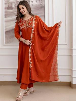 Rust embroidered silk blend kurta pant dupatta set 2