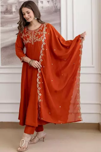 Rust embroidered silk blend kurta pant dupatta set