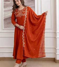 Rust embroidered silk blend kurta pant dupatta set