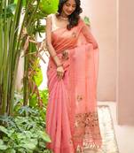 aaha linen saree with hand embroidery