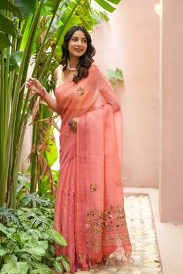 aaha linen saree with hand embroidery 2
