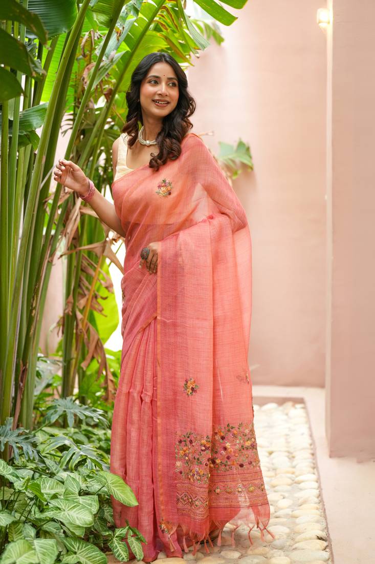aaha linen saree with hand embroidery