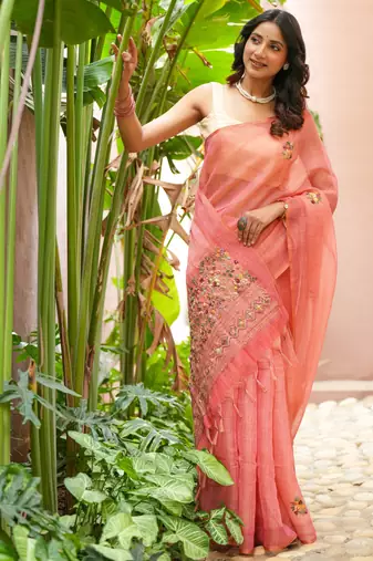 aaha linen saree with hand embroidery