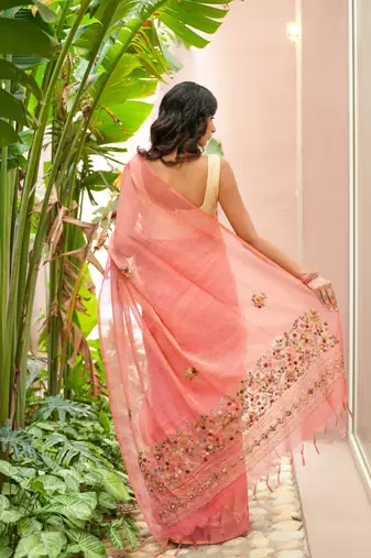 aaha linen saree with hand embroidery