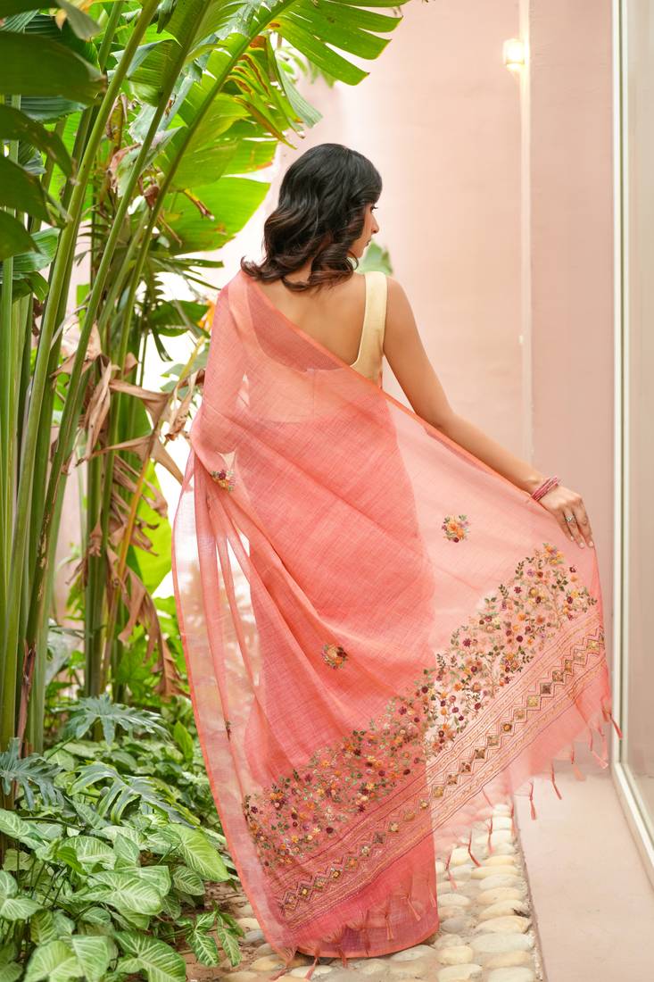 aaha linen saree with hand embroidery