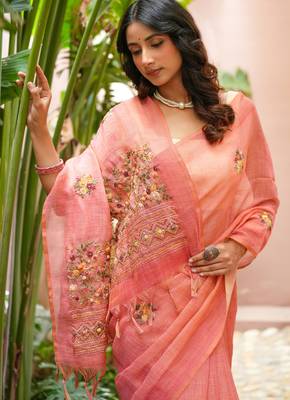 aaha linen saree with hand embroidery 5