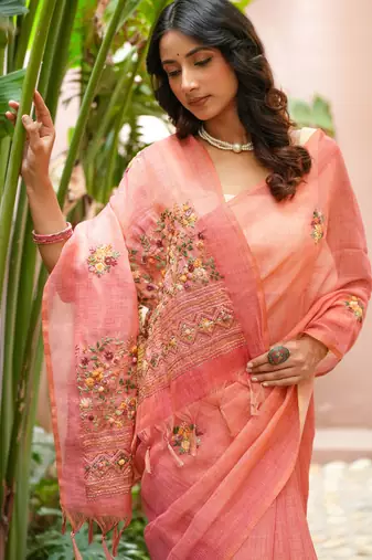 aaha linen saree with hand embroidery