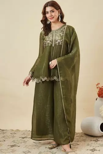 Mhendi embroidered crunchy silk kurta plazzo dupatta set