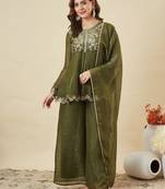 Mhendi embroidered crunchy silk kurta plazzo dupatta set