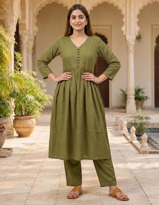 Women's Long Flared V-Neck with Button Details Anarkali shape Empire Waist,Kurta Pant Set 1