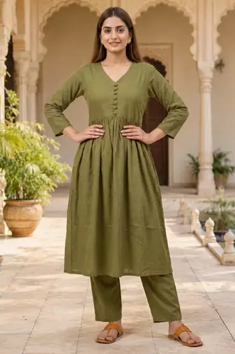 Women's Long Flared V-Neck with Button Details Anarkali shape Empire Waist,Kurta Pant Set