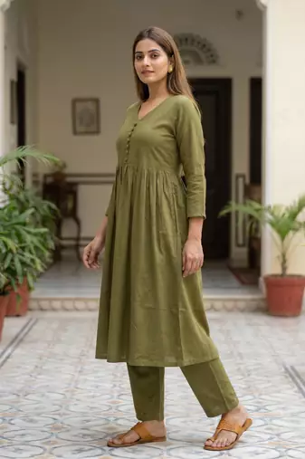 Women's Long Flared V-Neck with Button Details Anarkali shape Empire Waist,Kurta Pant Set