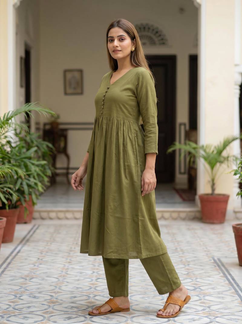 Women's Long Flared V-Neck with Button Details Anarkali shape Empire Waist,Kurta Pant Set