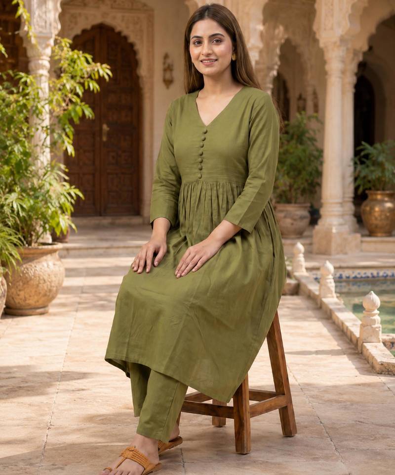 Women's Long Flared V-Neck with Button Details Anarkali shape Empire Waist,Kurta Pant Set