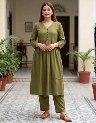 Women's Long Flared V-Neck with Button Details Anarkali shape Empire Waist,Kurta Pant Set 6