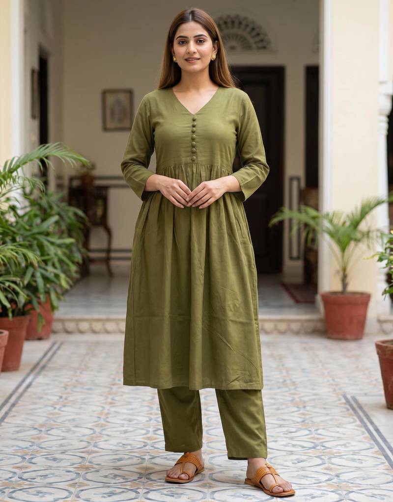 Women's Long Flared V-Neck with Button Details Anarkali shape Empire Waist,Kurta Pant Set