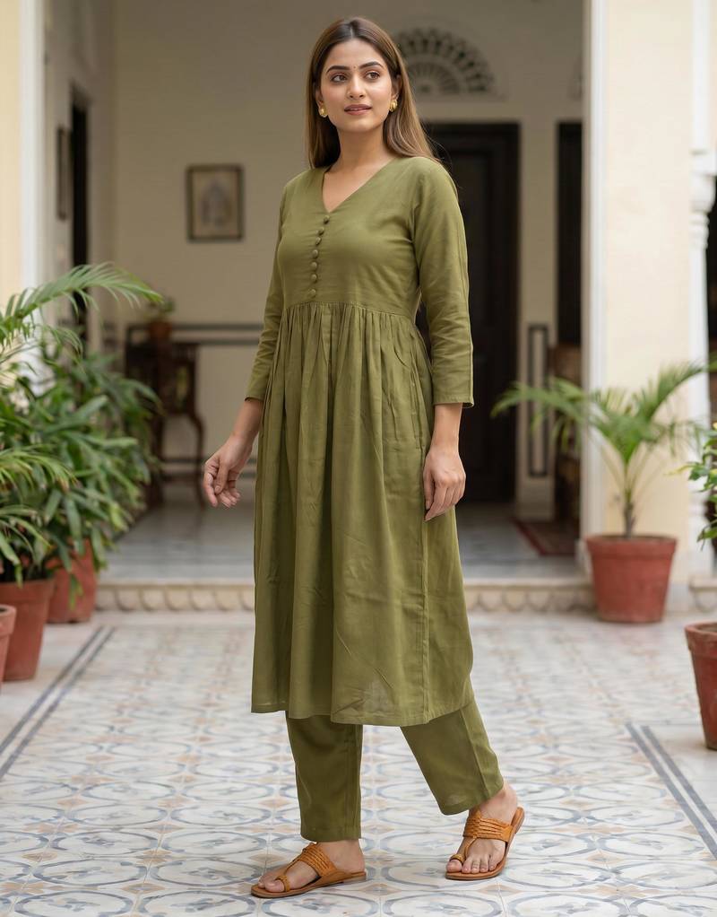 Women's Long Flared V-Neck with Button Details Anarkali shape Empire Waist,Kurta Pant Set