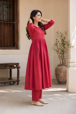 Women's Long Flared Anarkali Shape Waist Kurta Pant Set 2