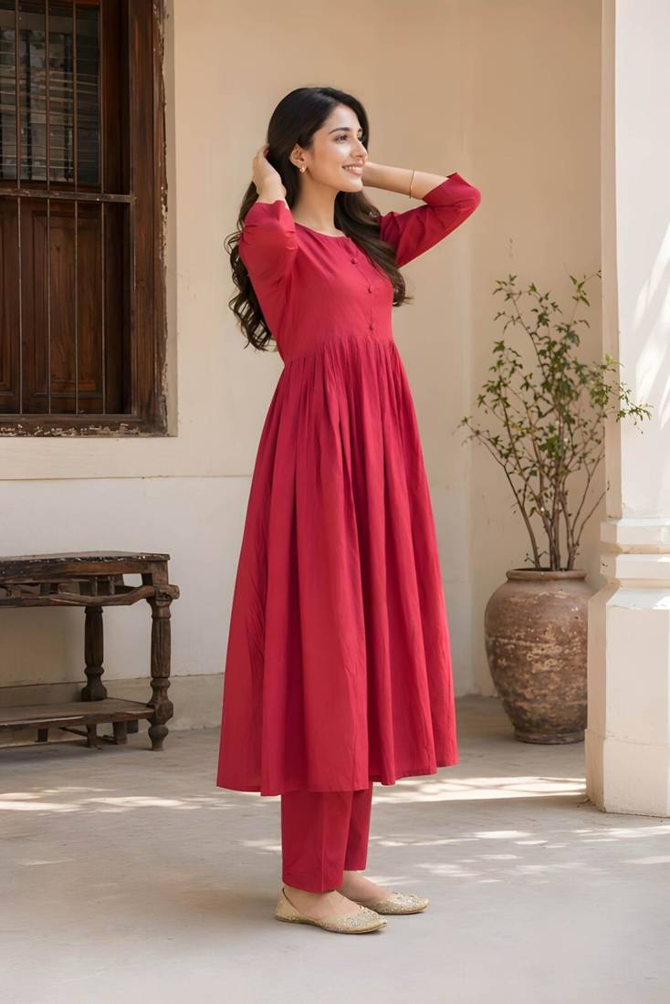 Women's Long Flared Anarkali Shape Waist Kurta Pant Set