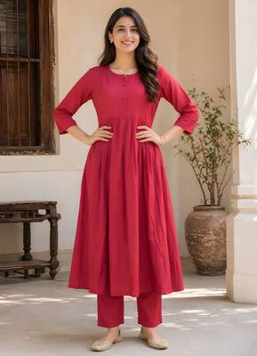 Women's Long Flared Anarkali Shape Waist Kurta Pant Set 4