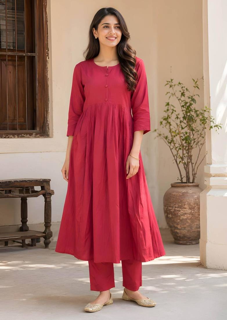 Women's Long Flared Anarkali Shape Waist Kurta Pant Set