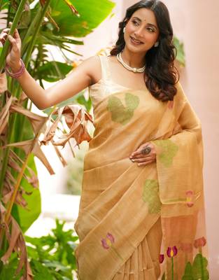 esha linen saree with lotus weave and hand embroidery 1