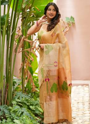 esha linen saree with lotus weave and hand embroidery 3