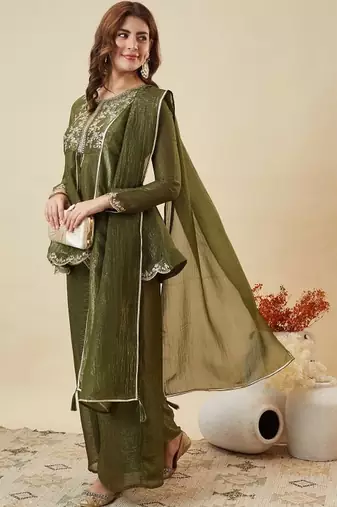 Mhendi embroidered crunchy silk kurta plazzo dupatta set