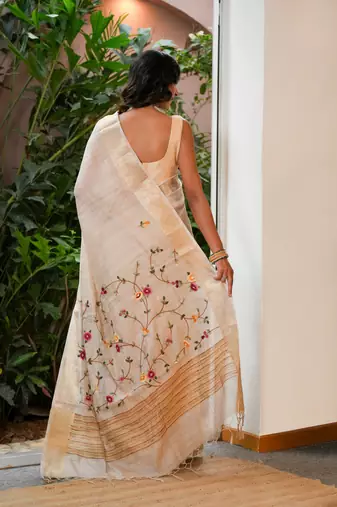 neera linen with zari weaving and hand embroidery