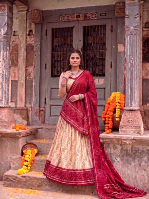 Women Bandhej Print Tasar Silk Lehenga Choli Set with Gamthi Embroidery Blouse - Free Size 1