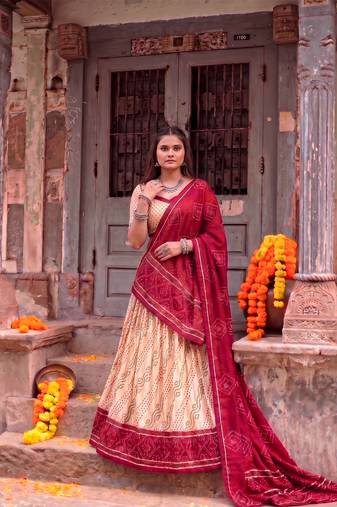 Women Bandhej Print Tasar Silk Lehenga Choli Set with Gamthi Embroidery Blouse - Free Size