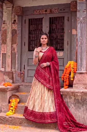 Women Bandhej Print Tasar Silk Lehenga Choli Set with Gamthi Embroidery Blouse - Free Size