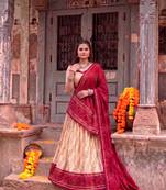 Women Bandhej Print Tasar Silk Lehenga Choli Set with Gamthi Embroidery Blouse - Free Size
