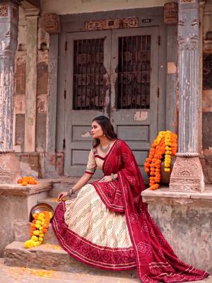 Women Bandhej Print Tasar Silk Lehenga Choli Set with Gamthi Embroidery Blouse - Free Size 2