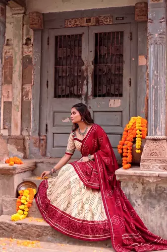 Women Bandhej Print Tasar Silk Lehenga Choli Set with Gamthi Embroidery Blouse - Free Size