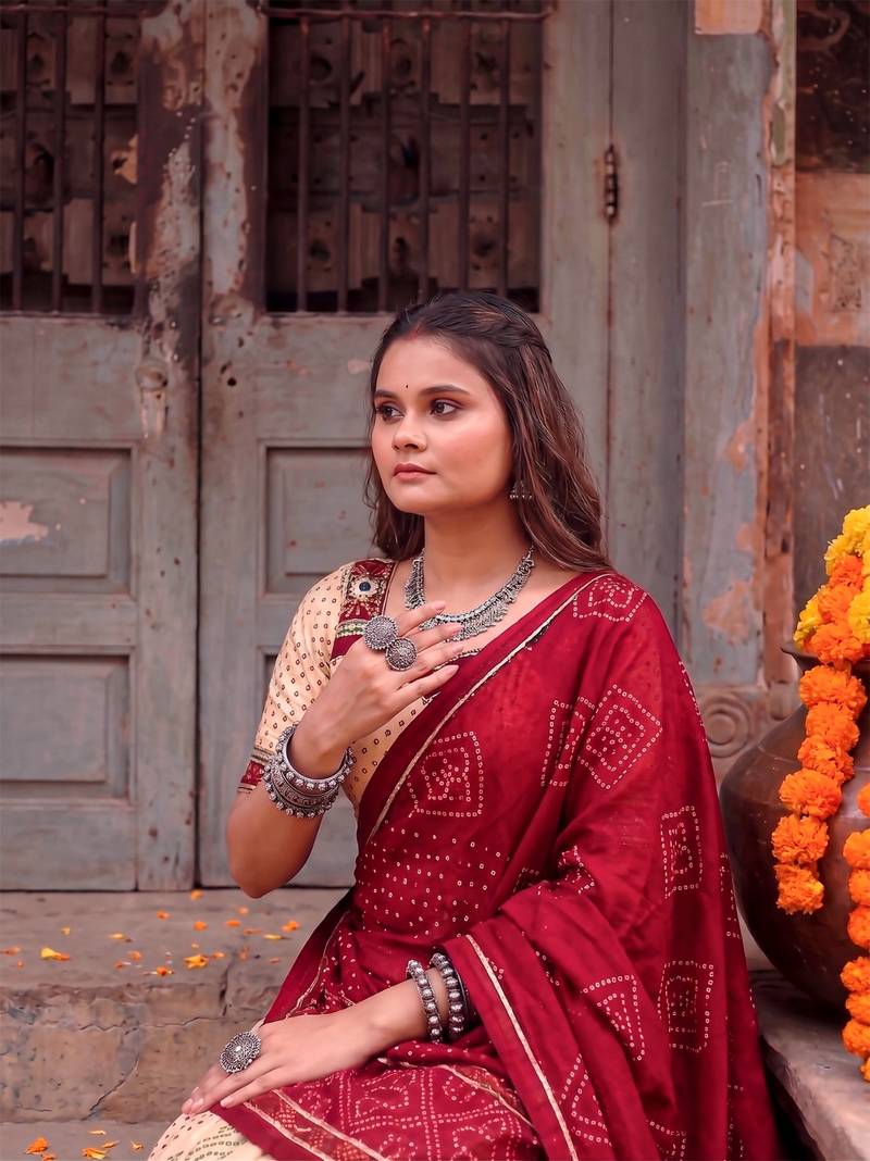 Women Bandhej Print Tasar Silk Lehenga Choli Set with Gamthi Embroidery Blouse - Free Size