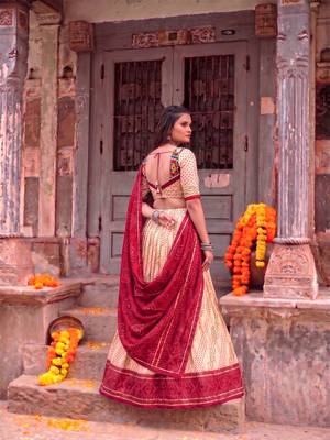 Women Bandhej Print Tasar Silk Lehenga Choli Set with Gamthi Embroidery Blouse - Free Size 4