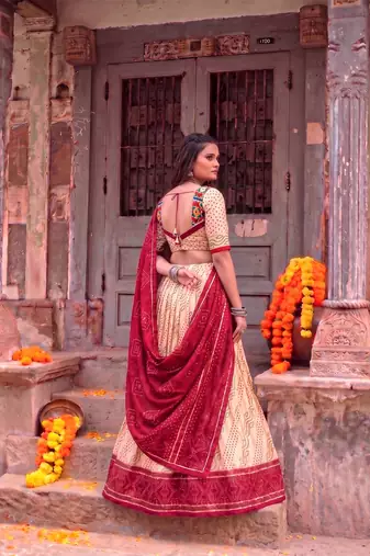 Women Bandhej Print Tasar Silk Lehenga Choli Set with Gamthi Embroidery Blouse - Free Size