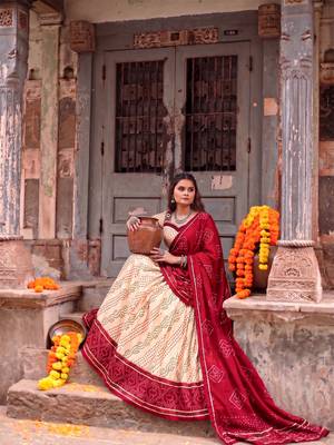 Women Bandhej Print Tasar Silk Lehenga Choli Set with Gamthi Embroidery Blouse - Free Size 5