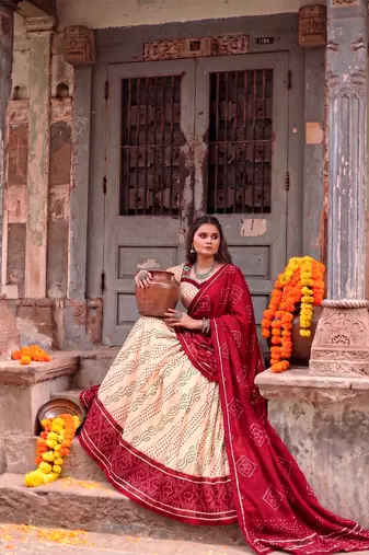 Women Bandhej Print Tasar Silk Lehenga Choli Set with Gamthi Embroidery Blouse - Free Size