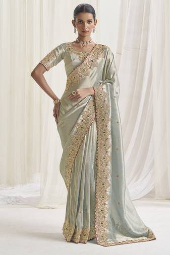 Designer grey viscose fabric saree with grey viscose blouse fabric