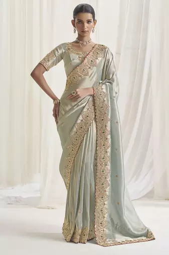 Designer grey viscose fabric saree with grey viscose blouse fabric