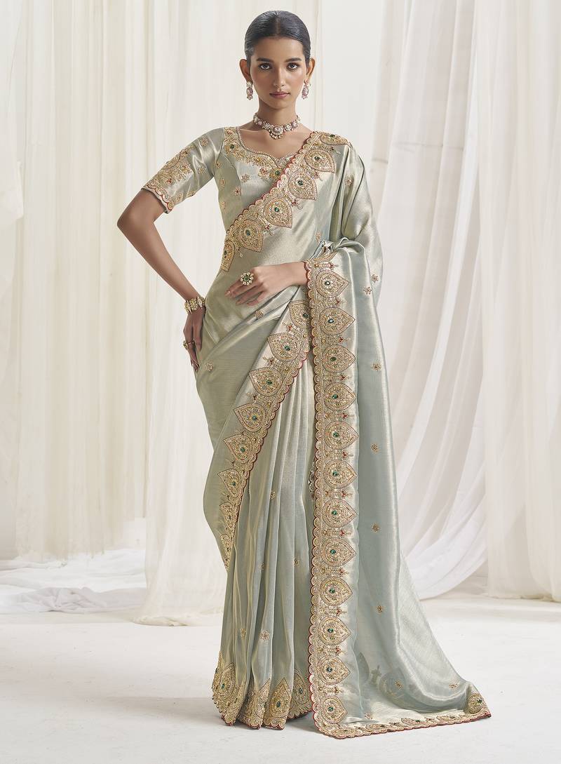 Designer grey viscose fabric saree with grey viscose blouse fabric